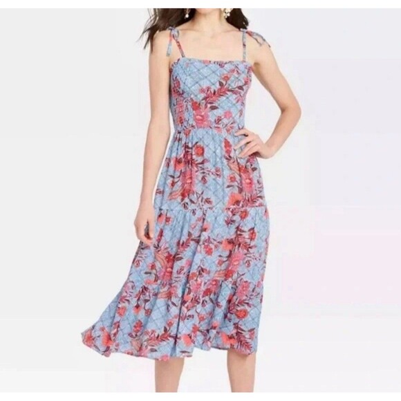 Knox Rose Dresses & Skirts - Knox Rose Plus Size XXL Spaghetti Sundress Blue Red Floral Midi Smocked Colorful